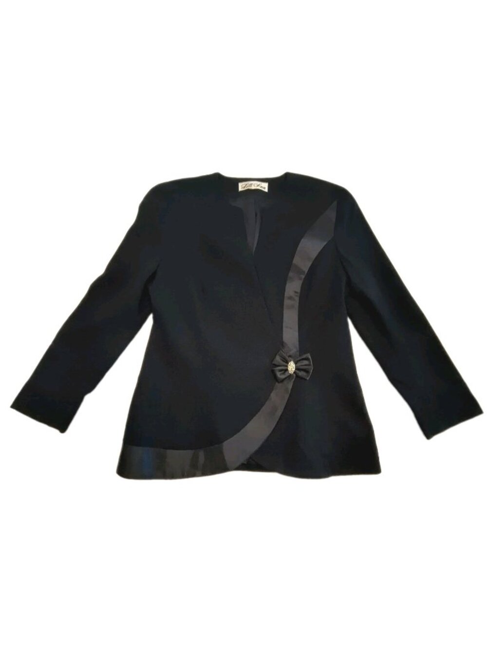 Vintage Lilli Ann Black Evening Jacket Crepe & Satin Bow ILGWU USA 80s/90s Sz 12